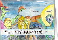Zombie Happy Halloween Full Moon Bats Black Cats Witch card