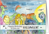 Zombie Happy Birthday on Halloween Full Moon Bats Black Cats card