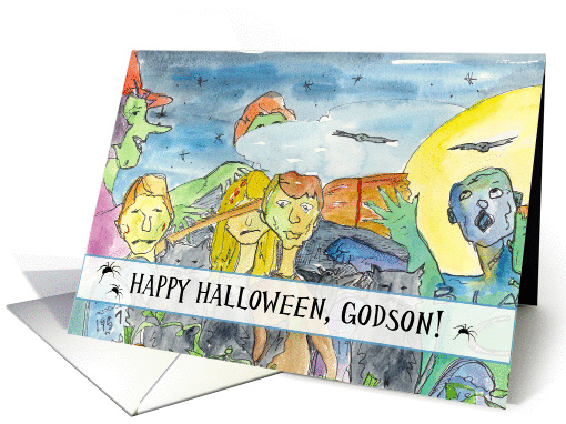 Zombie Happy Halloween Godson Full Moon Bats Black Cats card (1130600)