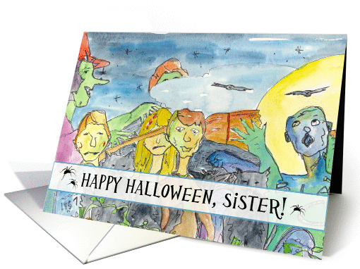 Zombie Happy Halloween Sister Full Moon Bats Black Cats card (1130612)