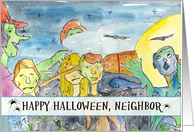 Zombie Happy Halloween Neighbor Full Moon Bats Black Cats card