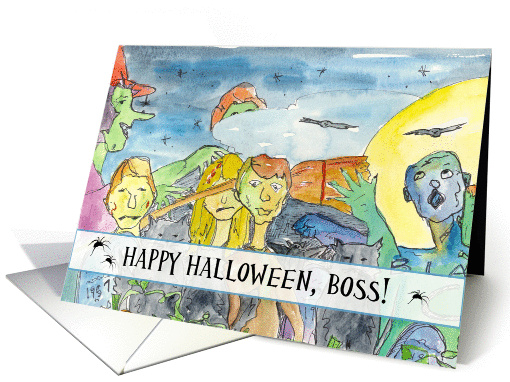 Zombie Happy Halloween Boss Full Moon Bats Black Cats card (1130626)
