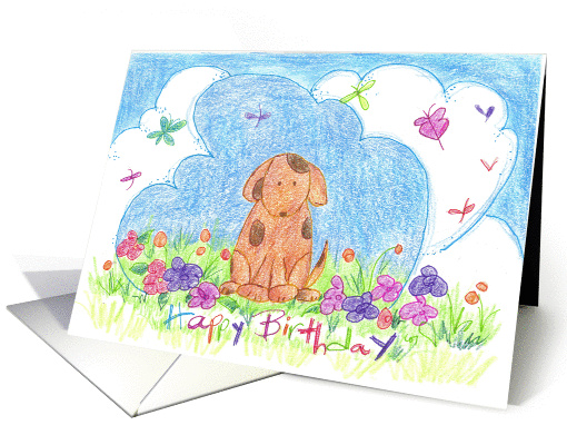 Happy Birthday Puppy Dog Dragonflies Illustration card (113585)