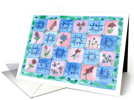 Blue Flower Quilt Happy Birthday Watercolor Blue Floral card (113587)