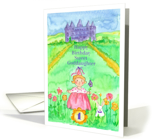 Happy 1st Birthday Goddaughter Princess Castle Illustration card
