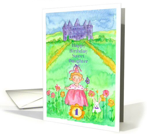 Happy 1st Birthday Sweet Daughter Princess Castle Illustration card