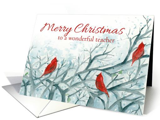 Merry Christmas Teacher Cardinal Birds Winter Trees Watercolor card