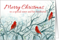 Merry Christmas Sister and Boyfriend Cardinal Birds Winter Trees card
