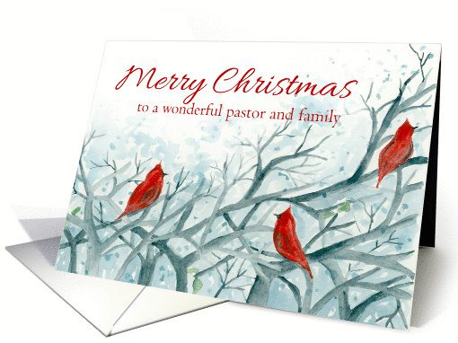 Merry Christmas Pastor and Family Cardinal Birds Winter Trees card