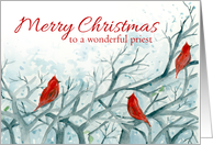 Merry Christmas Priest Cardinal Birds Winter Trees card