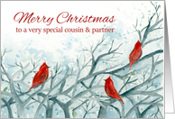 Merry Christmas Cousin and Partner Cardinal Birds Winter Trees card