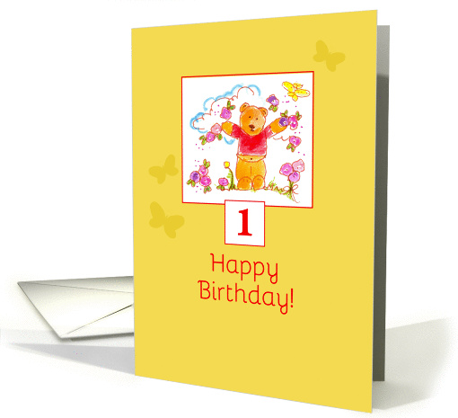Happy 1st Birthday Teddy Bear Yellow Butterfly card (114104)