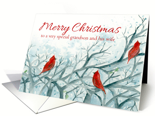 Merry Christmas Grandson and Wife Cardinal Red Birds Winter Trees card