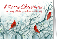Merry Christmas Grandson and Family Cardinal Red Birds Winter Trees card