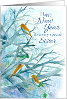 Happy New Year Sister Bluebirds Winter Trees Watercolor card