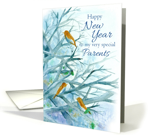 Happy New Year Parents Bluebirds Winter Trees Watercolor card