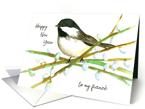 Happy New Year Fiance Chickadee Willow Tree Watercolor card (1143638)