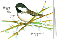 Happy New Year Fiance Chickadee Willow Tree Watercolor card
