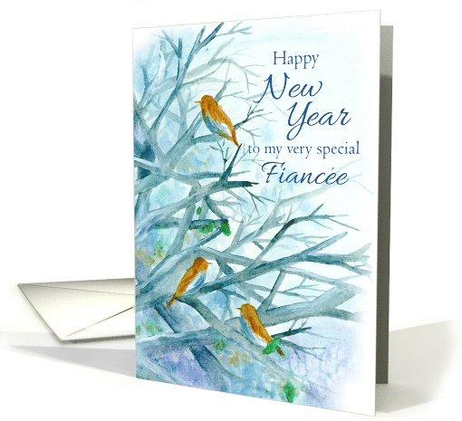 Happy New Year Fiancee Bluebirds Winter Trees Watercolor card
