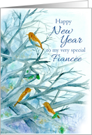 Happy New Year Fiancee Bluebirds Winter Trees Watercolor card