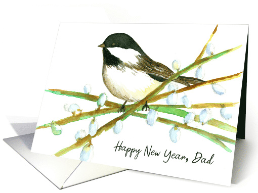 Happy New Year Dad Chickadee Bird Willow Tree Watercolor card