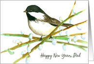 Happy New Year Dad Chickadee Bird Willow Tree Watercolor card