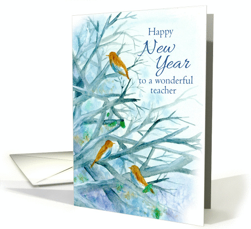 Happy New Year Teacher Bluebirds Winter Trees Watercolor card