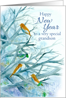 Happy New Year Grandson Bluebirds Winter Trees Watercolor card