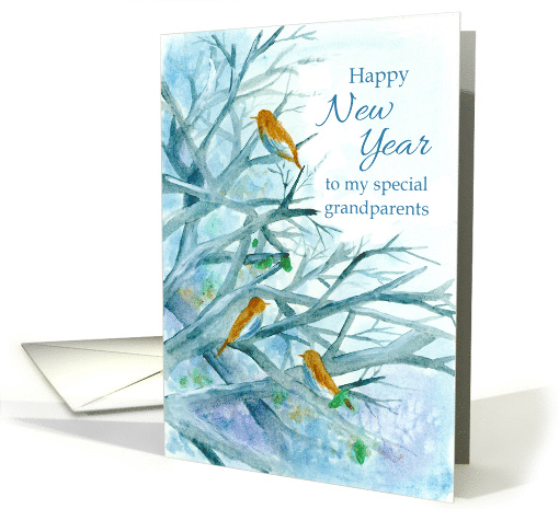 Happy New Year Grandparents Bluebirds Winter Trees Watercolor card