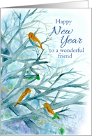 Happy New Year Friend Bluebirds Winter Trees Watercolor card