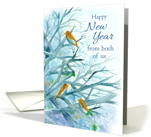 Happy New Year From Both of Us Bluebirds Winter Trees Watercolor card
