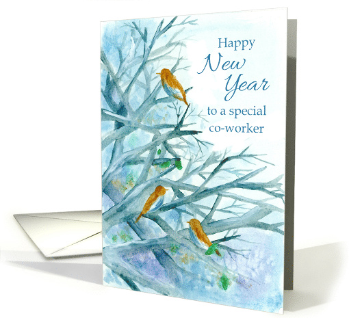 Happy New Year Co-Worker Bluebirds Winter Trees Watercolor card