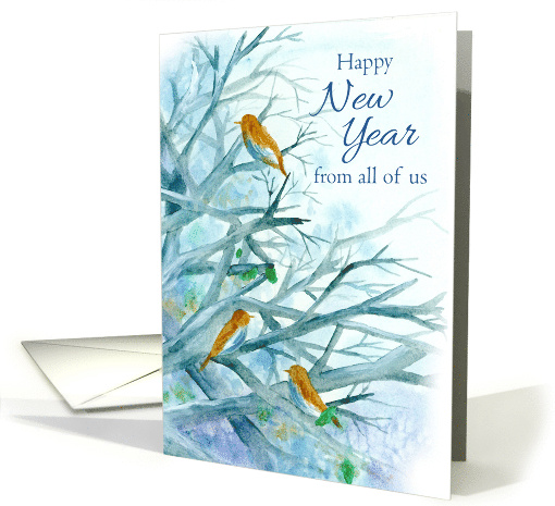 Happy New Year From All of Us Bluebirds Winter Trees Watercolor card