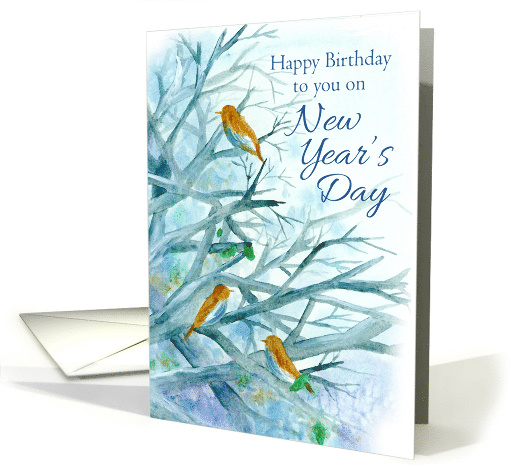 Happy Birthday on New Year's Day Bluebirds Winter Trees card (1144208)