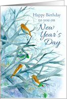Happy Birthday on New Year’s Day Bluebirds Winter Trees card