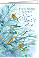 Happy Birthday on New Year’s Eve Bluebirds Winter Trees Watercolor card