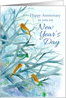 Happy Anniversary on New Year’s Day Bluebirds Winter Trees Watercolor card