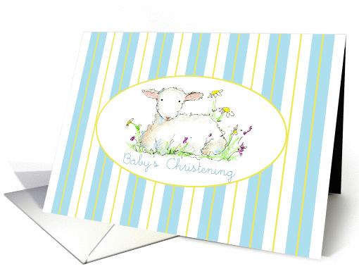 Baby's Christening Invitation Lamb Art Drawing Blue Stripe card