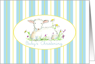 Baby’s Christening Invitation Lamb Art Drawing Blue Stripe card