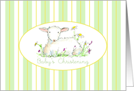 Baby’s Christening Invitation Lamb Art Drawing Green Stripe card