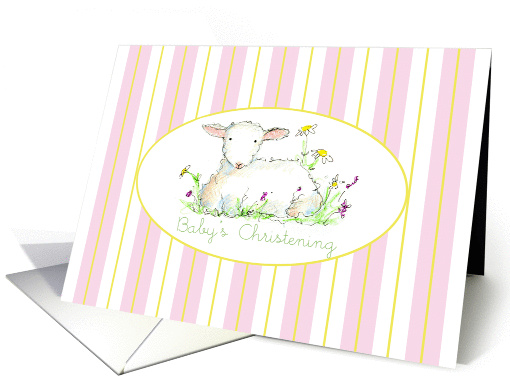 Baby's Christening Invitation Lamb Art Drawing Pink Stripe card