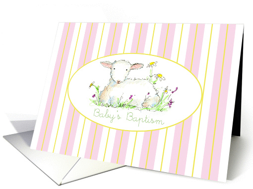 Baby's Baptism Invitation Lamb Art Drawing Pink Stripe card (1144418)