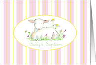 Baby’s Baptism Invitation Lamb Art Drawing Pink Stripe card