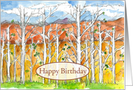 Happy Birthday Autumn Trees Fall Landscape Watercolor Painting card