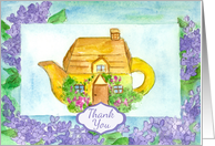Thank You Cottage Teapot Lilac Flowers Watercolor Painting card