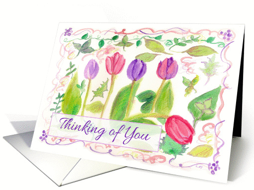 Thinking of You Friend Pink Purple Watercolor Tulip Painting card
