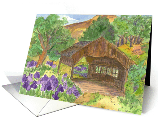 Thank You Covered Bridge Mountain Landscape Watercolor Painting card