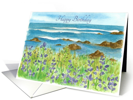 Happy Birthday Ocean Purple Lupine Flowers Watercolor Fine Art card