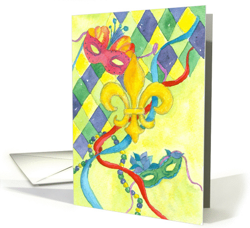 Happy Birthday on Mardi Gras Fleur De Lis Mask Illustration card