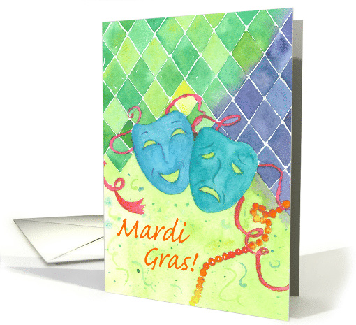 Mardi Gras Comedy Tragedy Masks Harlequin Pattern Watercolor card